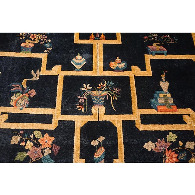 Special Shelf With Details of Chinese Culture in a Black Fiedl Antique Art Deco Rug For Sale - Image 11 of 12