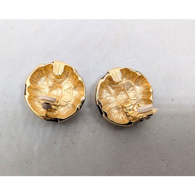 Metal Vintage Signed Valentino Modernist Round Domed Goldtone Black Enamel Clip Earrings-2 Pieces For Sale - Image 7 of 7