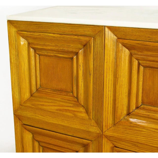 Metal Solid White Oak Carved Four-Panel Commodes With Carrera Marble Tops - a Pair For Sale - Image 7 of 10