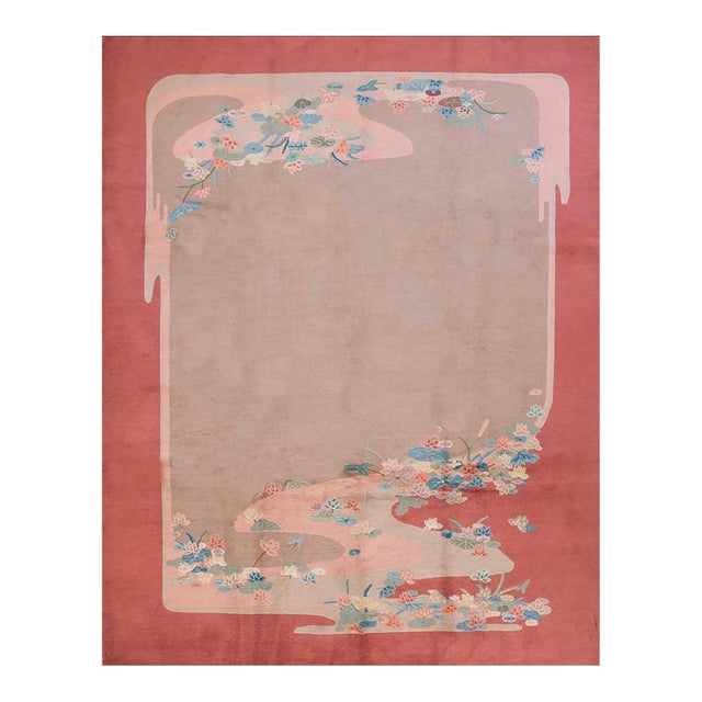 1920s Gray Floral Antique Chinese Art Deco Rug 9'2" X 11'9" Handknotted Wool Carpet For Sale