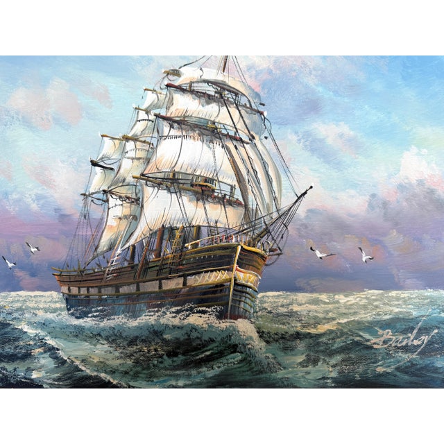 This original oil on canvas, signed Bailey, depicts a magnificent tall sailing ship making its way through rolling ocean...
