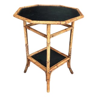 Vintage Coastal Bamboo Octagonal End Table With Black Inset Shelves For Sale