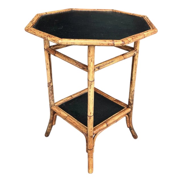 Vintage Coastal Bamboo Octagonal End Table With Black Inset Shelves For Sale
