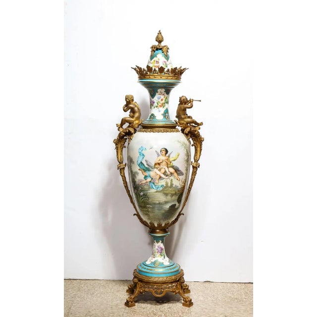 Mid 19th Century Palatial French Ormolu-Mounted Sevres Porcelain Hand-Painted Vase and Cover For Sale - Image 10 of 18