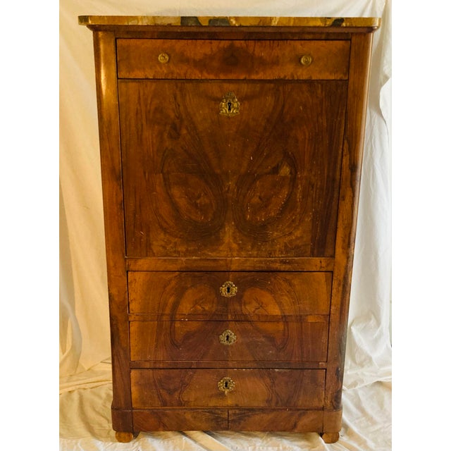 French Louis Philippe Secretaire a Abattant , topped with saffron brown marble large top drawer with open theatre &...
