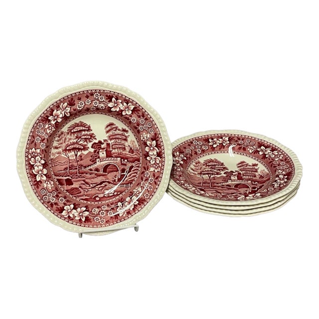 Copeland "Spode's Tower" Red Transferware Pasta Bowls - Set of 5 For Sale