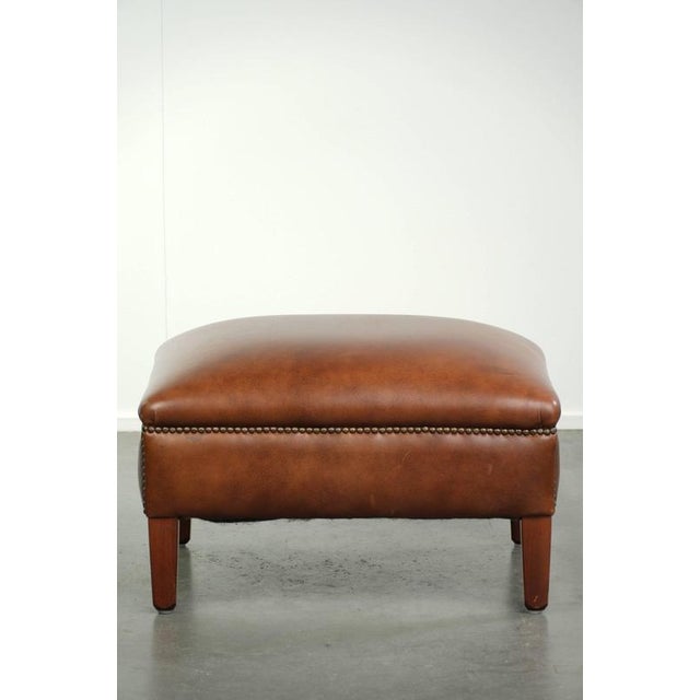 Cognac Cowhide Leather Ottoman with Decorative Nails For Sale - Image 4 of 10