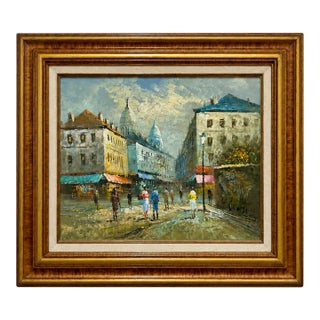 Vintage Mid Century Oil Painting | Sacré-Cœur Street Scene | Framed Paris Montmartre Art, C. 1950’s For Sale