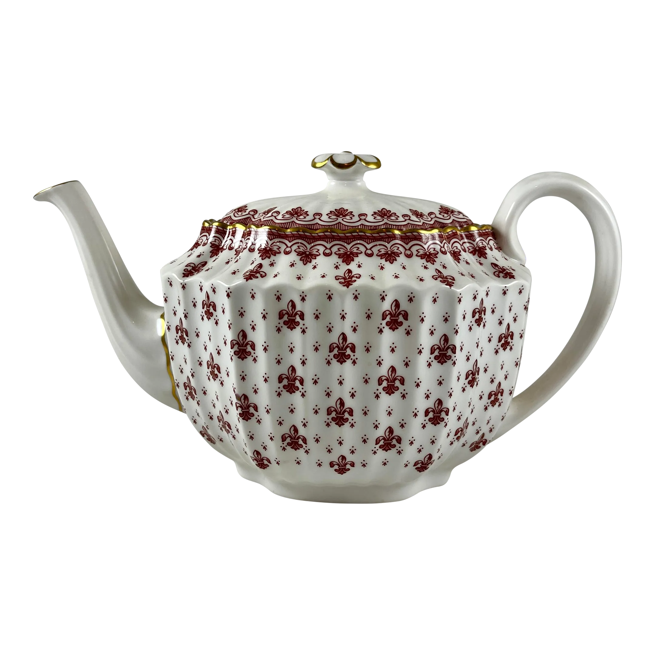 Spode Fleur De Lys Red & Gold Bone China Fluted Chelsea Tea Pot