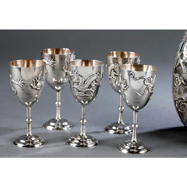 Set of Chinese Export Silver Overlay Bottle with Five Cordials Tianjin Wuhua For Sale - Image 9 of 15