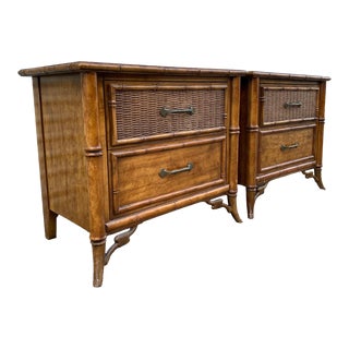Vintage Faux Bamboo with Rattan Wicker Nightstands by Stanley - A Pair For Sale