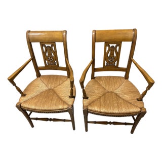 Mid 20th Century Pair of Vintage French Country Rush Seat Dining Arm Chairs For Sale