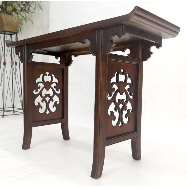 Baker Solid Walnut Pierced Carved Legs Rolled Edge Asian Console Sofa Table MINT For Sale - Image 15 of 15