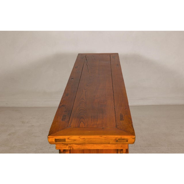 Qing Dynasty Elm Sideboard in Honey Lacquer with Four Doors and Brass Hardware For Sale - Image 12 of 12