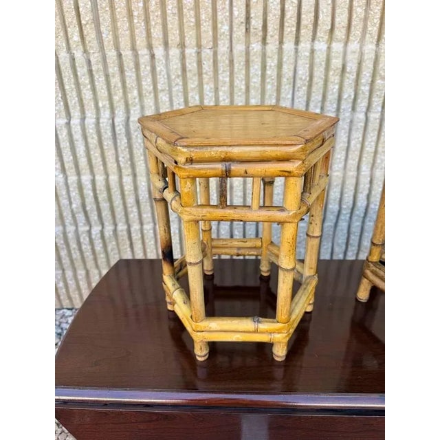 Vintage Boho Style Bamboo Wicker Nesting Tables / Plant Tables Bamboo Rattan Staggered Nesting Stacking Tables or Plant...