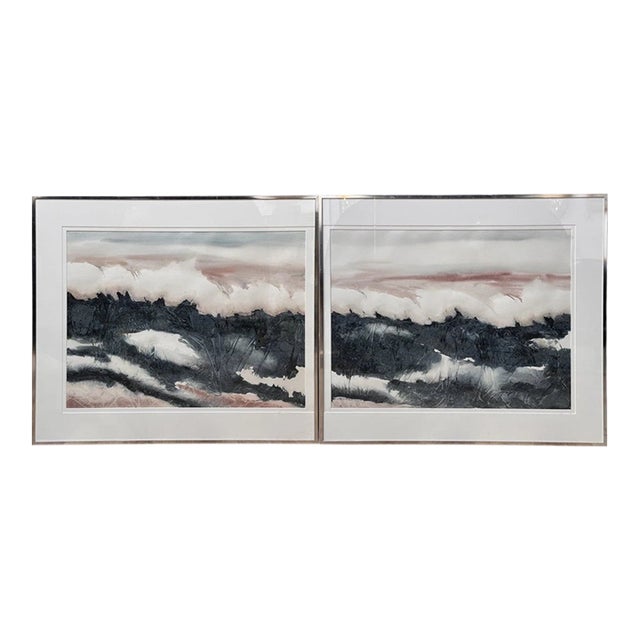 Pair of Watercolors, Waves, Framed, by Nancy Tuttle May, Nc, 1985 For Sale