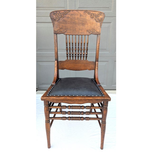 Victorian Antique Pressed Back Oak Dining Chairs With Leather Seats - Set of 4 For Sale - Image 3 of 18