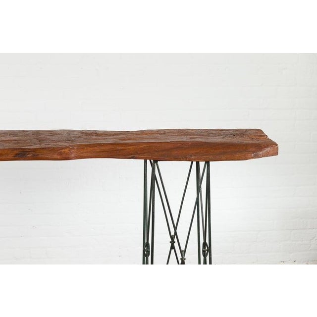 Contemporary Console Table with Reclaimed Wood Top & Metal Bases For Sale In New York - Image 6 of 12