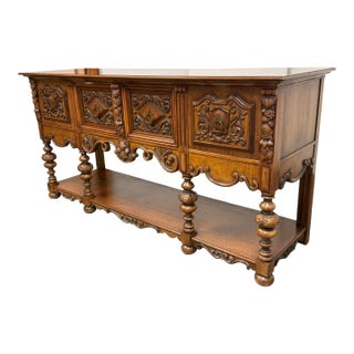 Empire Manufacturing Company Tudor Revival Carved Walnut Console Server, Circa 1920's For Sale