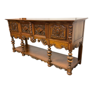 Empire Manufacturing Company Tudor Revival Carved Walnut Console Server, Circa 1920's