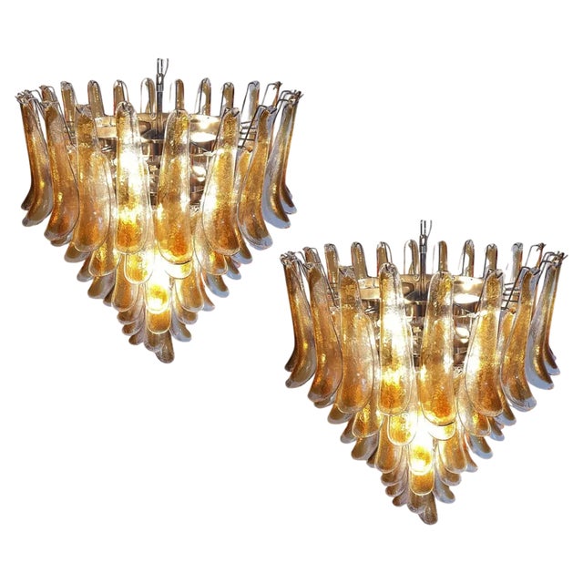 Italian Amber Murano Glass Petal Chandeliers, Set of 2 For Sale