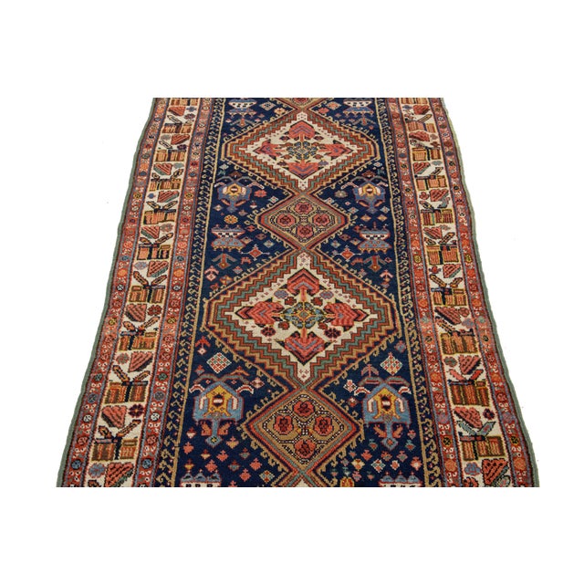Handmade Navy Blue Antique Kurdish Wool Runner With Allover Design For Sale - Image 4 of 9