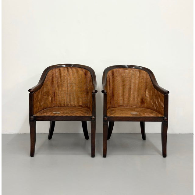 Late 20th Century Vintage Leather & Cane Barrel Armchairs - Pair For Sale - Image 5 of 7