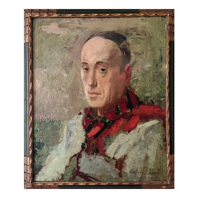 Portrait of a Poet with a Red Scarf, 1920s-1940s, Oil on Canvas For Sale