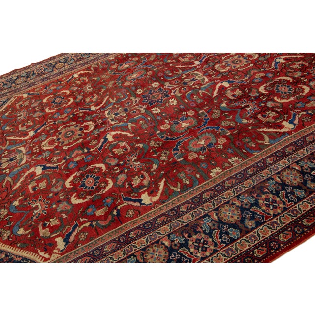 1920s 1920's Antique Floral Mahal Wool Rug Handmade in Red For Sale - Image 5 of 7