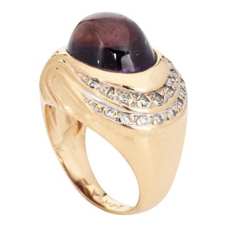 Vintage Cabochon Amethyst Diamond Circle 14k Gold Ring Size 5 For Sale