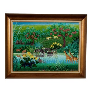 Vintage Italian Painting of a Jungle Scene With Animals by Irene Invrea For Sale
