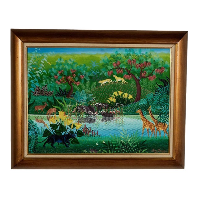 Vintage Italian Painting of a Jungle Scene With Animals by Irene Invrea For Sale
