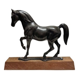 Vintage Cast Metal Horse Sculpture on Solid Wood Base For Sale