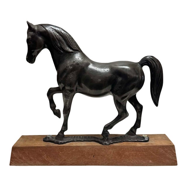 Vintage Cast Metal Horse Sculpture on Solid Wood Base For Sale