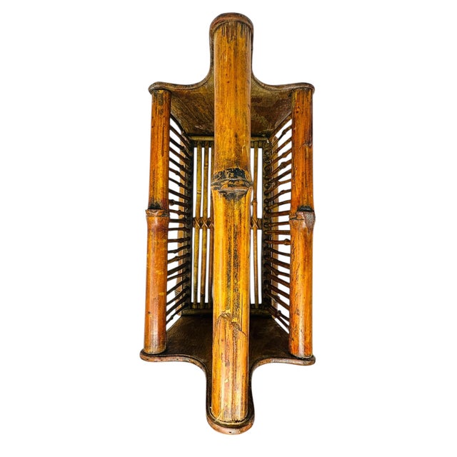 Vintage 80s Bamboo & Rattan Magazine Rack | Mid-Century Boho Decor | Record Holder | Natural Wood Storage Basket For Sale - Image 11 of 13