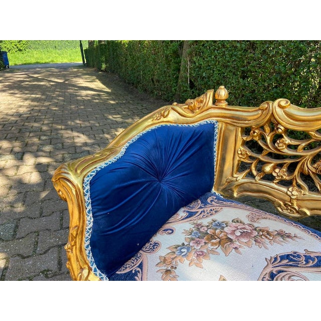 Late 20thC French Louis XVI Blue Velvet Antique Gold Beech Settee For Sale - Image 9 of 14