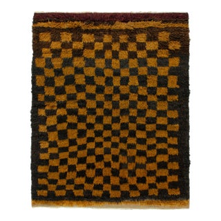 1950s Vintage Tulu Shag Rug in Black and Golden-Brown Chessboard Geometric Pattern For Sale