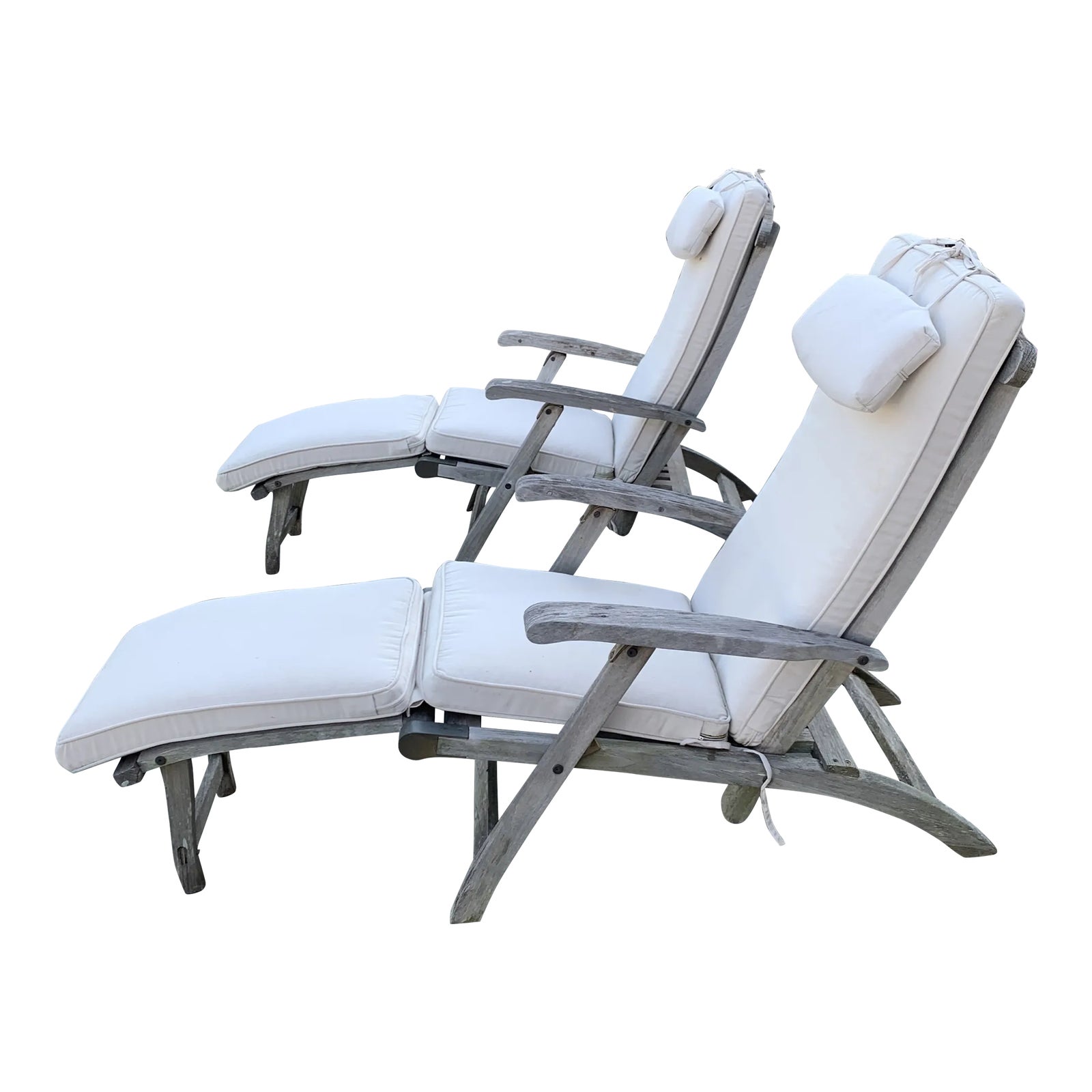 Contemporary Solid Teak Lounge Steamer Chairs With New Cushions Set