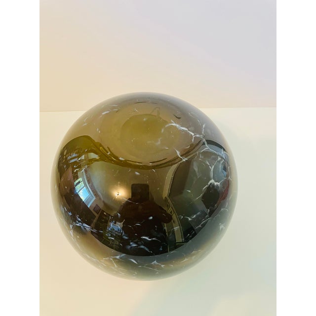 Mid-Century Modern Vintage Mid Century Hand Blown Glass Globe Vase Smoked Charcoal Olive Green Orb For Sale - Image 3 of 4