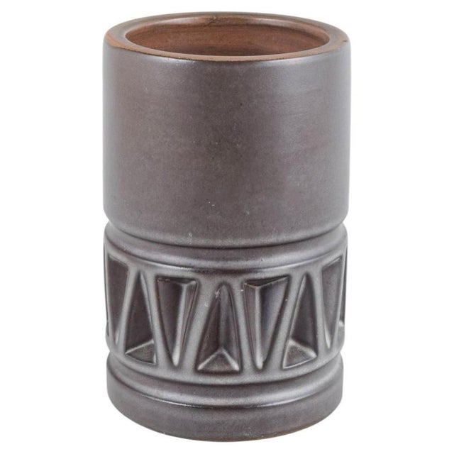 1960s Cylindrical Stoneware Vase with Geometric Relief by Irma Yourstone for Upsala Ekeby, 1960s For Sale - Image 5 of 5
