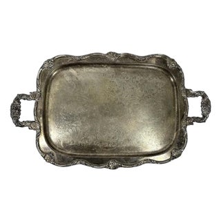 Mid 20th Century Victorian Silverplate Serving Tray: Etched Floral Cartouche, Decorative Handles For Sale