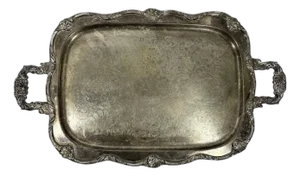 Mid 20th Century Victorian Silverplate Serving Tray: Etched Floral Cartouche, Decorative Handles