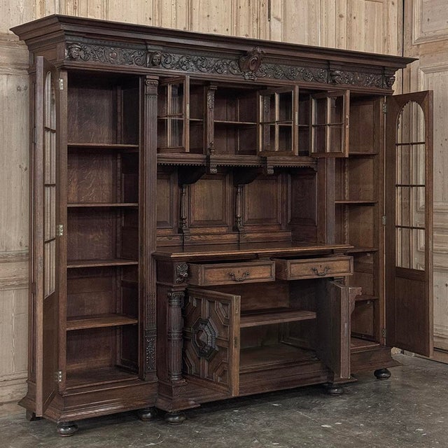 19th Century French Renaissance Revival Carved Oak Bookcase / Bar For Sale - Image 10 of 18