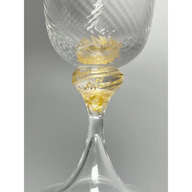 1990s Murano Torcée 3 Wine Glasses Swirl Optic Hand Blown 24k Gold Flakes - Set of 3 For Sale In Dallas - Image 6 of 7