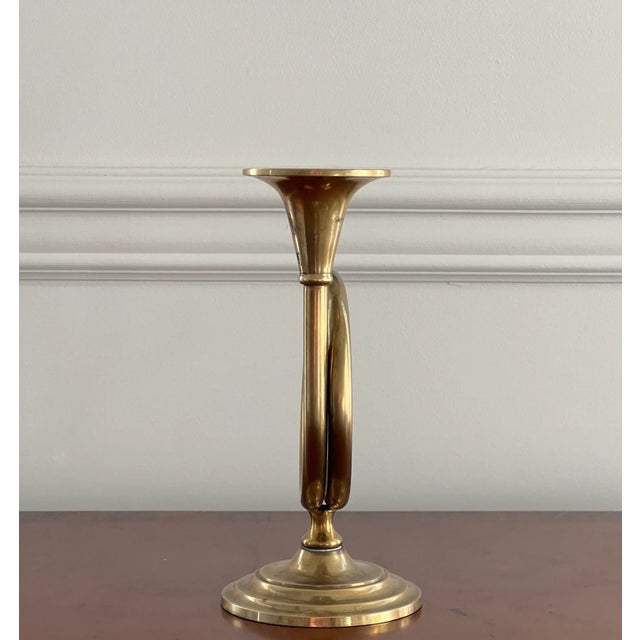 Metal Vintage Mid 20th Century Solid Brass French Horn Candle Holder For Sale - Image 7 of 11
