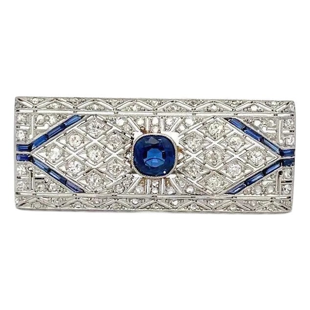 Art Deco Diamond Brooch Platinum 18k Gold Sapphire Rectangle Shape For Sale