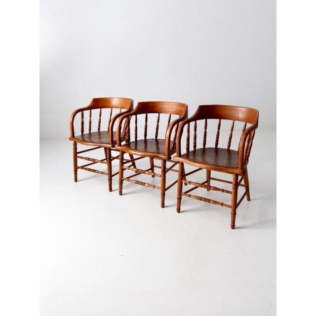 Wood Antique Wood Captain's Chairs Set 3 For Sale - Image 7 of 15