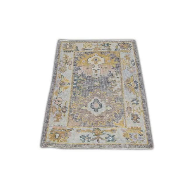 Turkish Oushak Rug Blue Yellow Gray Handwoven Vintage Rug 2'4" X 3'5" Transform your space with this exquisite Turkish...