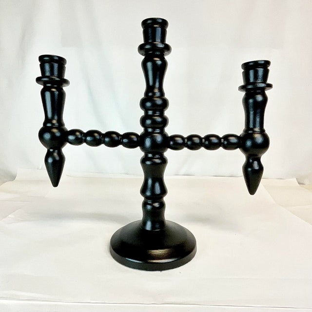 Wood Cinco De Mayo - Vintage Boho Chic Mexican Ebonized Hand-Turned Wood 3-Arm Candelabra. For Sale - Image 7 of 9