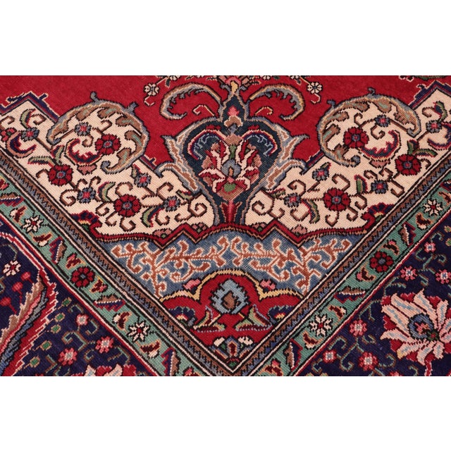 Retro Persian Tabriz Red/Blue Wool Rug - 9'10'' X 12'7'' For Sale - Image 4 of 10